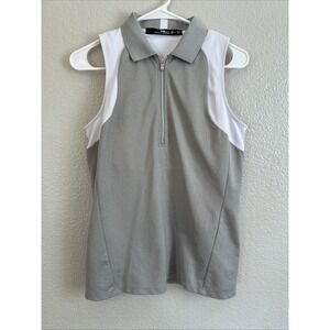 RLX Ralph Lauren Women Sleeveless Golf Polo Built In Bra Gray And White Medium